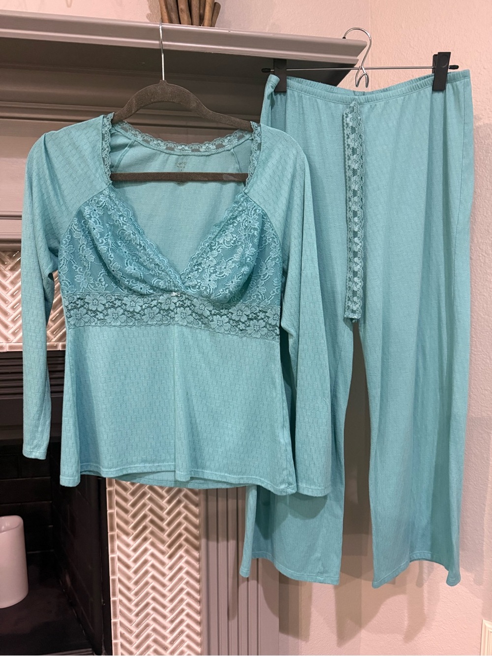 Apt. 9 Lace-Trim Teal Long-Sleeve Pajama Set